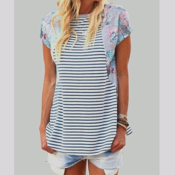 YOINS Tops - Stripe and Floral Loose Tee